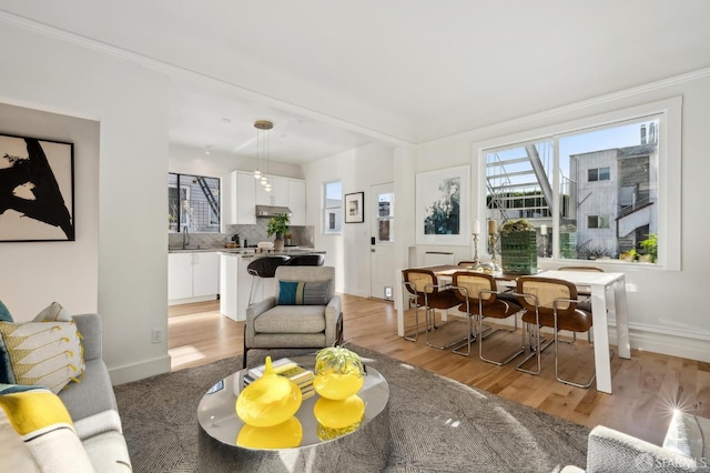 living room featuring sink, light hardwood / wood-style flooring, and ornamental molding