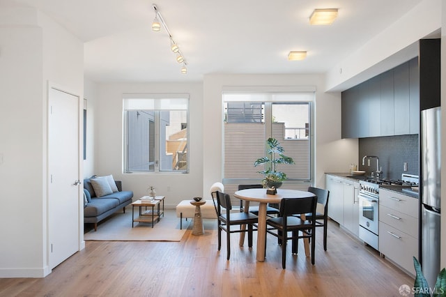 dining space featuring light hardwood / wood-style floors and sink