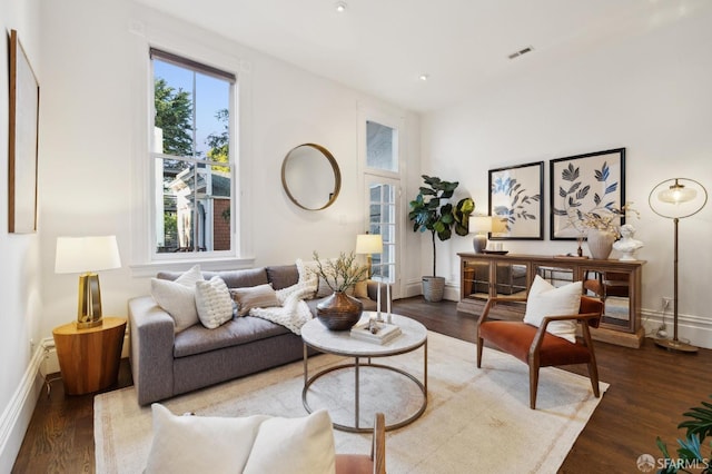 living room with plenty of natural light and dark hardwood / wood-style flooring