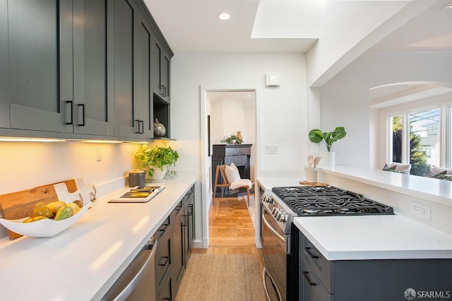 kitchen featuring stainless steel gas stove, light hardwood / wood-style floors, and kitchen peninsula