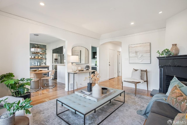 living room featuring light parquet floors