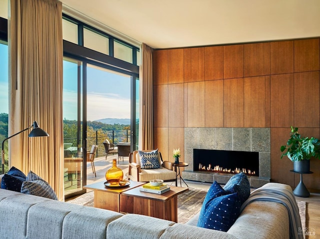 living room with wood finished floors, a fireplace, a mountain view, and expansive windows