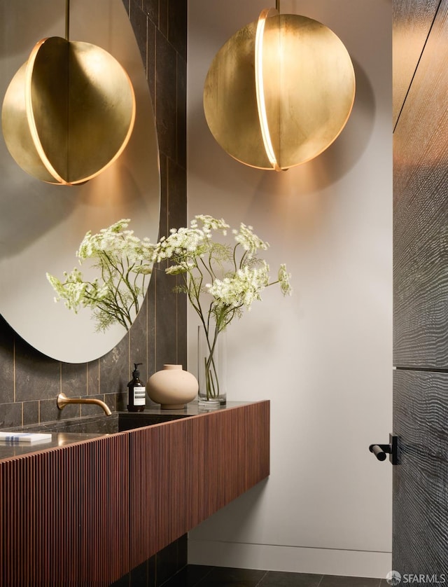 details with backsplash and tile patterned floors