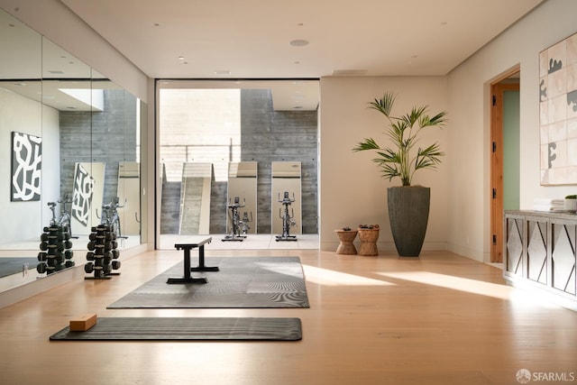 workout room featuring floor to ceiling windows and wood finished floors