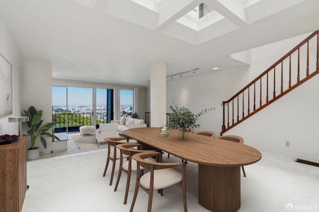 dining area featuring track lighting and a skylight