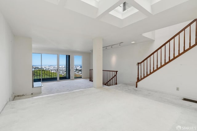 unfurnished living room with track lighting and a skylight