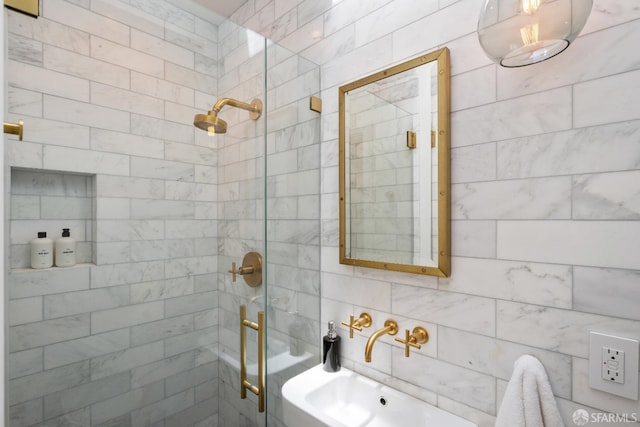 1347 Green St, San Francisco, CA 94109 - full bathroom with a stall shower, a sink, and tile walls