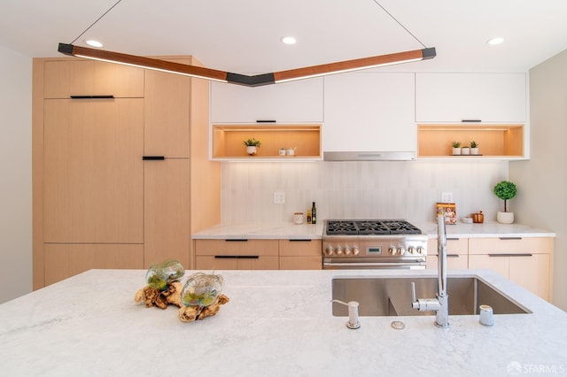 kitchen with ventilation hood, sink, backsplash, high end stainless steel range oven, and light stone countertops