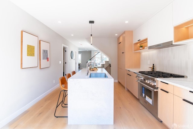 kitchen with sink, hanging light fixtures, an island with sink, high end stainless steel range oven, and light hardwood / wood-style floors