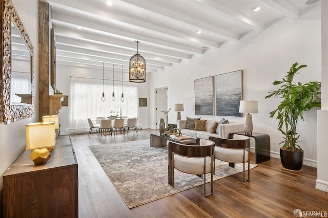 850 Powell St Unit 104, San Francisco, CA 94108 - living area featuring a chandelier, wood finished floors, beam ceiling, baseboards, and recessed lighting
