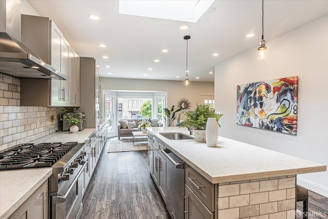 kitchen with appliances with stainless steel finishes, a skylight, decorative light fixtures, an island with sink, and wall chimney exhaust hood