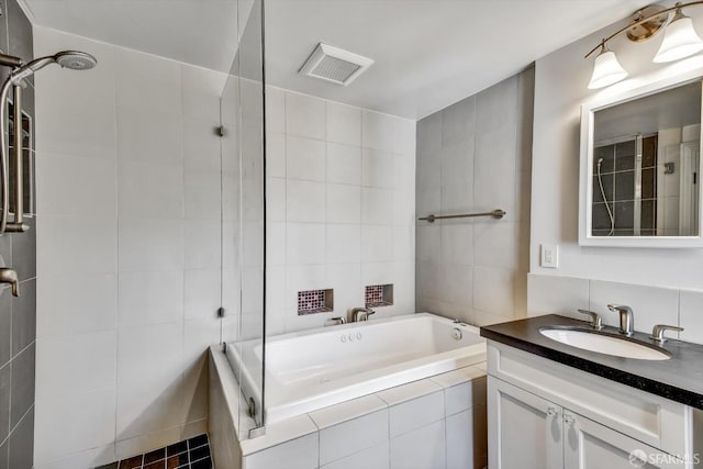 1258 York St, San Francisco, CA 94110 - bathroom with tiled bath, vanity, tile walls, and a tile shower