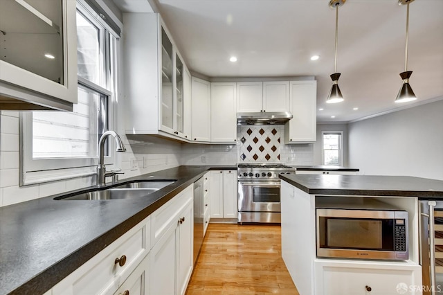 1258 York St, San Francisco, CA 94110 - kitchen featuring stainless steel appliances, dark countertops, under cabinet range hood, decorative backsplash, and hanging light fixtures