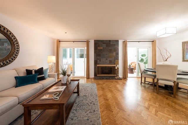 living room featuring a fireplace