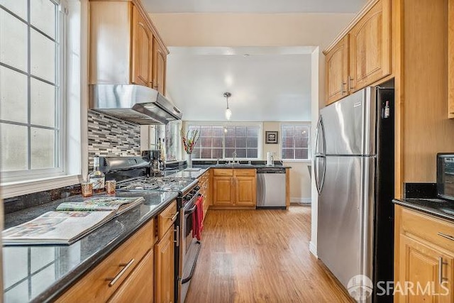 kitchen featuring sink, ventilation hood, dark stone countertops, appliances with stainless steel finishes, and light hardwood / wood-style floors