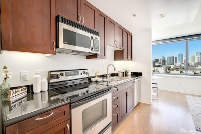 kitchen featuring sink, appliances with stainless steel finishes, and light hardwood / wood-style flooring