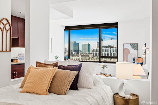 bedroom with access to exterior, multiple windows, and floor to ceiling windows