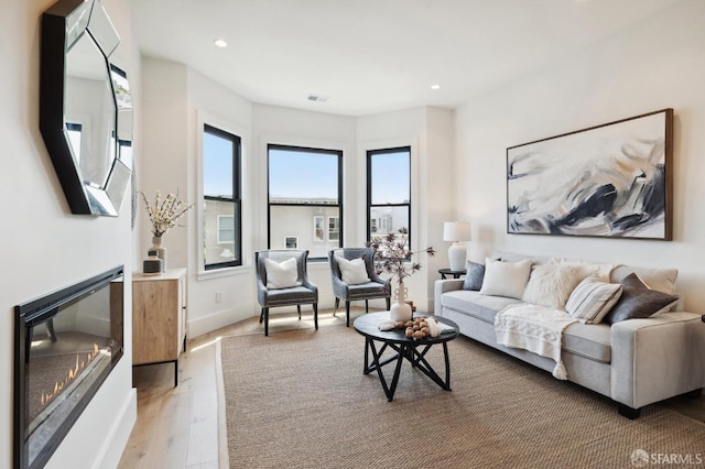 living room with light hardwood / wood-style flooring