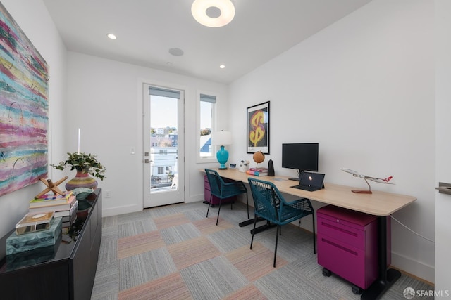 view of carpeted home office