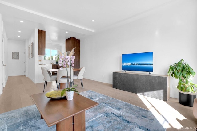 living room with electric panel and light wood-type flooring