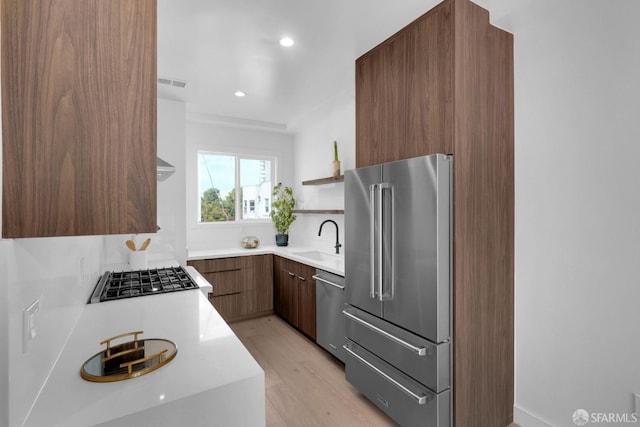 kitchen with sink, light wood-type flooring, and stainless steel appliances