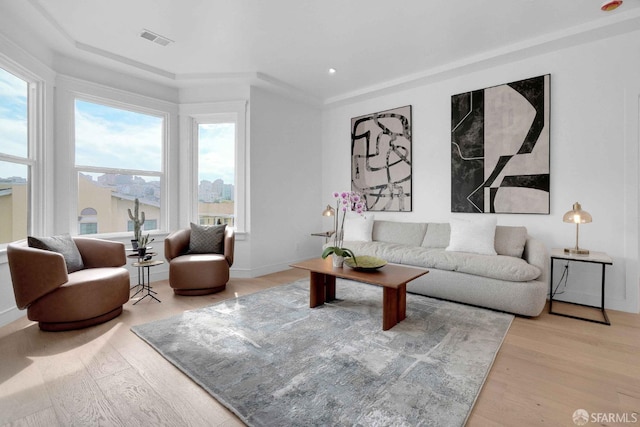 living room featuring light hardwood / wood-style floors and a wealth of natural light