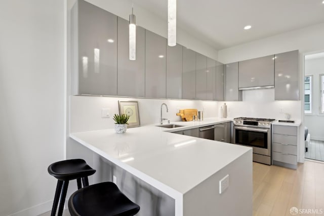 kitchen featuring appliances with stainless steel finishes, gray cabinetry, modern cabinets, a sink, and a peninsula
