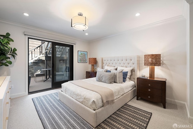 987 De Haro St Unit 1, San Francisco, CA 94107 - bedroom featuring access to outside, light colored carpet, baseboards, recessed lighting, and crown molding