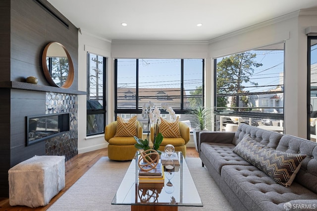 987 De Haro St Unit 1, San Francisco, CA 94107 - living area with wood finished floors, crown molding, a large fireplace, and recessed lighting