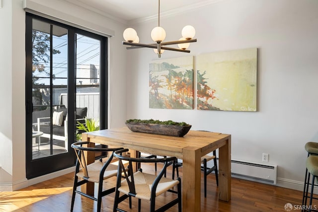 987 De Haro St Unit 1, San Francisco, CA 94107 - dining area featuring a chandelier, baseboard heating, crown molding, wood finished floors, and baseboards