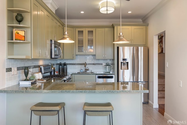 987 De Haro St Unit 1, San Francisco, CA 94107 - kitchen featuring appliances with stainless steel finishes, open shelves, a sink, a peninsula, and ornamental molding