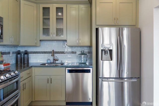 987 De Haro St Unit 1, San Francisco, CA 94107 - kitchen featuring appliances with stainless steel finishes, a sink, decorative backsplash, glass insert cabinets, and dark stone counters