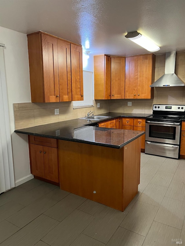 1521-1527 Valle Vista Ave, Vallejo, CA 94589 - kitchen featuring electric range, wall chimney range hood, a peninsula, brown cabinetry, and tasteful backsplash