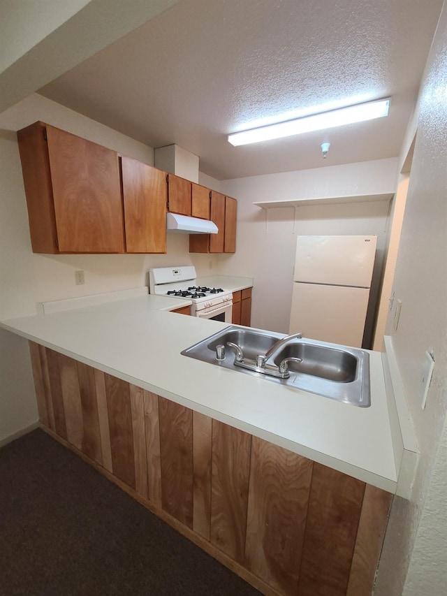 kitchen featuring under cabinet range hood, white appliances, a sink, light countertops, and brown cabinets