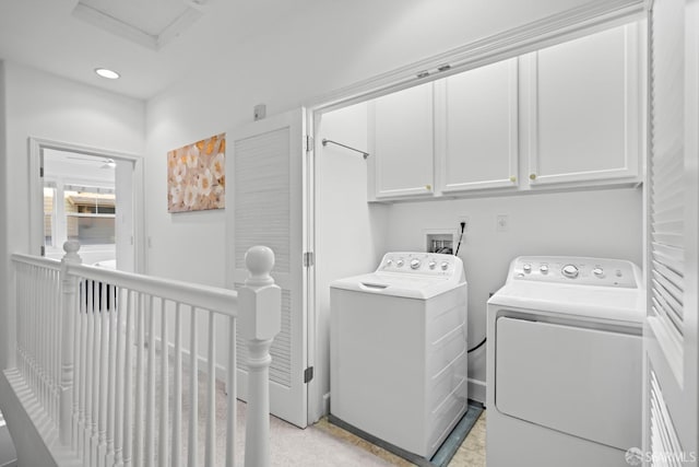 washroom featuring recessed lighting, cabinet space, and washing machine and clothes dryer