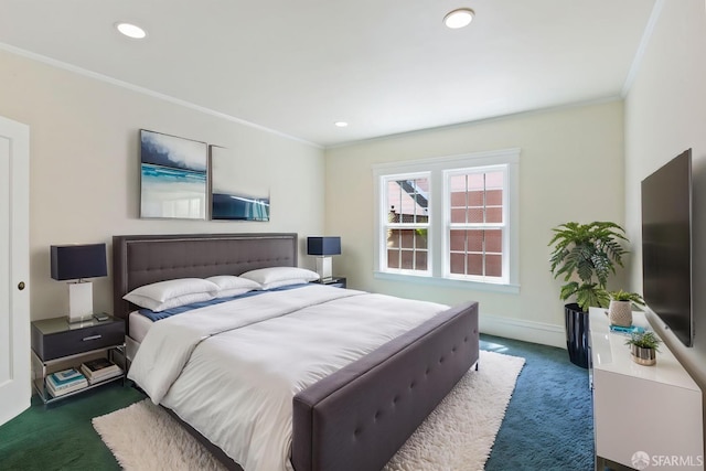 47 Brunswick St, San Francisco, CA 94112 - bedroom featuring recessed lighting, baseboards, ornamental molding, and dark carpet