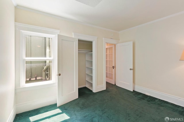 47 Brunswick St, San Francisco, CA 94112 - unfurnished bedroom with baseboards, ornamental molding, a closet, and dark carpet