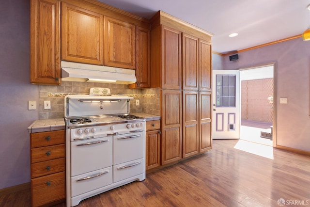 47 Brunswick St, San Francisco, CA 94112 - kitchen featuring decorative backsplash, tile counters, dark wood-type flooring, under cabinet range hood, and double oven range