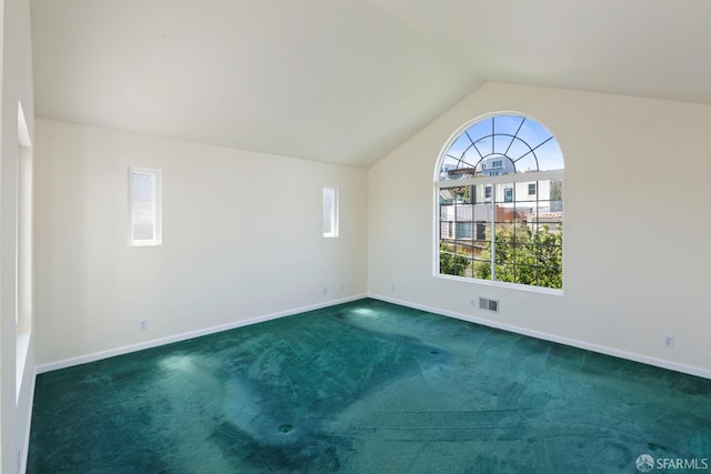 47 Brunswick St, San Francisco, CA 94112 - empty room featuring baseboards, visible vents, dark carpet, and lofted ceiling