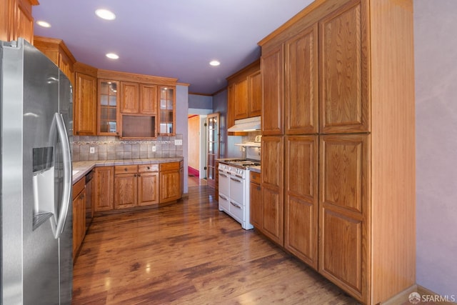 47 Brunswick St, San Francisco, CA 94112 - kitchen featuring decorative backsplash, brown cabinetry, appliances with stainless steel finishes, wood finished floors, and under cabinet range hood