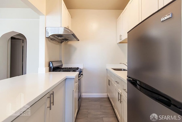 kitchen featuring light countertops, a sink, under cabinet range hood, and stainless steel appliances