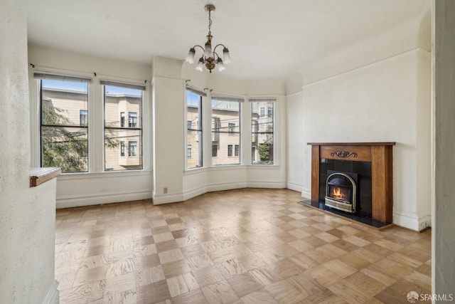 1385-1387 Vallejo St, San Francisco, CA 94109 - unfurnished living room featuring a chandelier, a warm lit fireplace, and baseboards