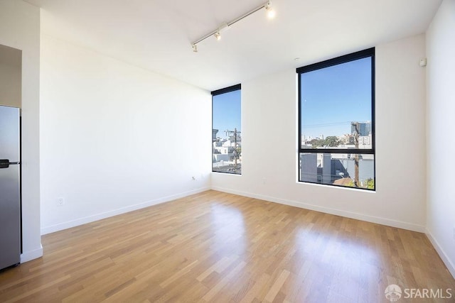 spare room featuring a wealth of natural light, light hardwood / wood-style flooring, and rail lighting