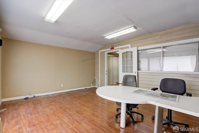 558 A St, Hayward, CA 94541 - home office with vaulted ceiling, wood finished floors, baseboards, and wood walls
