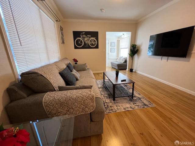 558 A St, Hayward, CA 94541 - living room featuring baseboards, wood finished floors, and ornamental molding