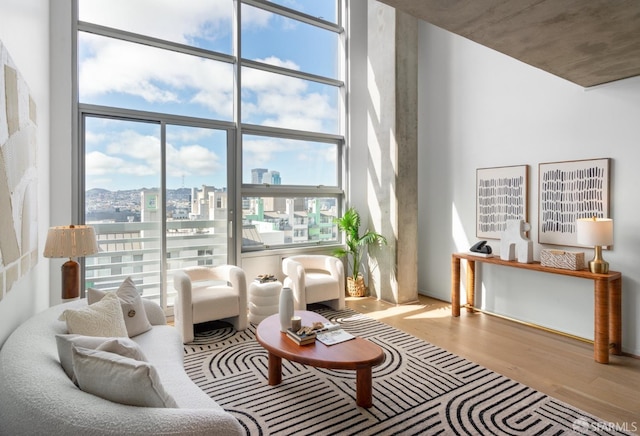 living area featuring a view of city, a towering ceiling, and wood finished floors