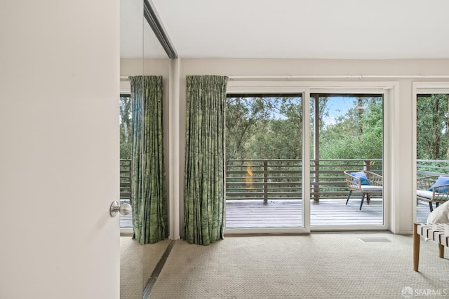 doorway featuring visible vents and carpet