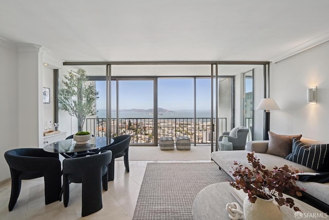 999 Green St Unit 1403, San Francisco, CA 94133 - living area featuring expansive windows, light tile patterned flooring, and a water view