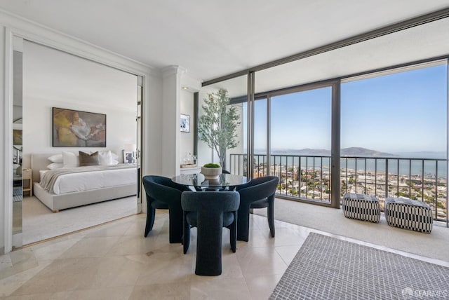 999 Green St Unit 1403, San Francisco, CA 94133 - dining space featuring a water view, floor to ceiling windows, ornamental molding, and light tile patterned floors