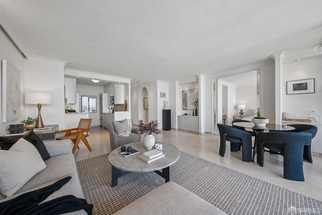 999 Green St Unit 1403, San Francisco, CA 94133 - living area with arched walkways, ornamental molding, and ornate columns